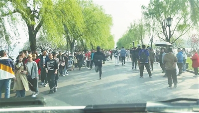 “奔跑哥”急速喊出一条绿色通道 人挤人的白堤突现“人让车”奇景