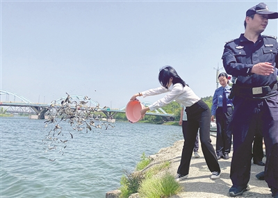 曹娥江畔，法官与被告人等一起放生三万尾鱼苗