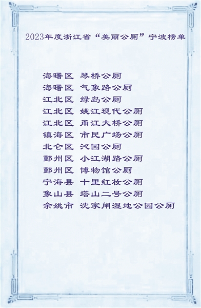 宁波12座公厕入选浙江省“美丽公厕”名单  2023年度浙江省“美丽公厕” 宁波榜单