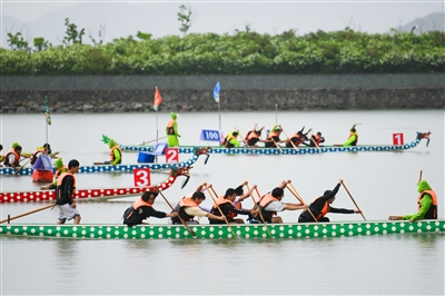 浙海大揽月湖上举行赛龙舟表演  挥桨逐浪 4艘龙舟雨中“竞速”